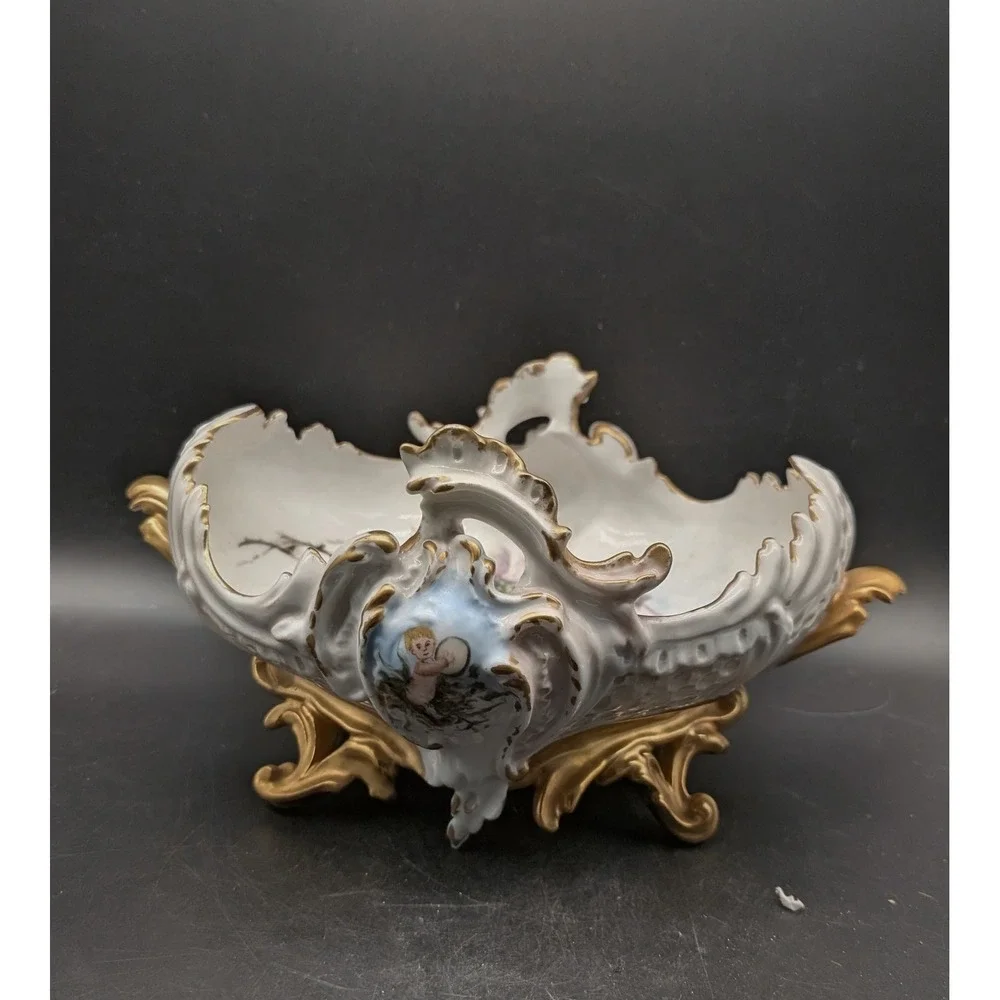 Vintage Hand Painted Floral Porcelain Centerpiece Bowl Gold Gilt Cherub Footed